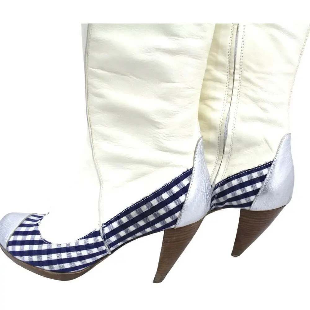 AUTHENTIC Gigi Favela White Leather Boots Heels Blue Gingham Leather 5.5